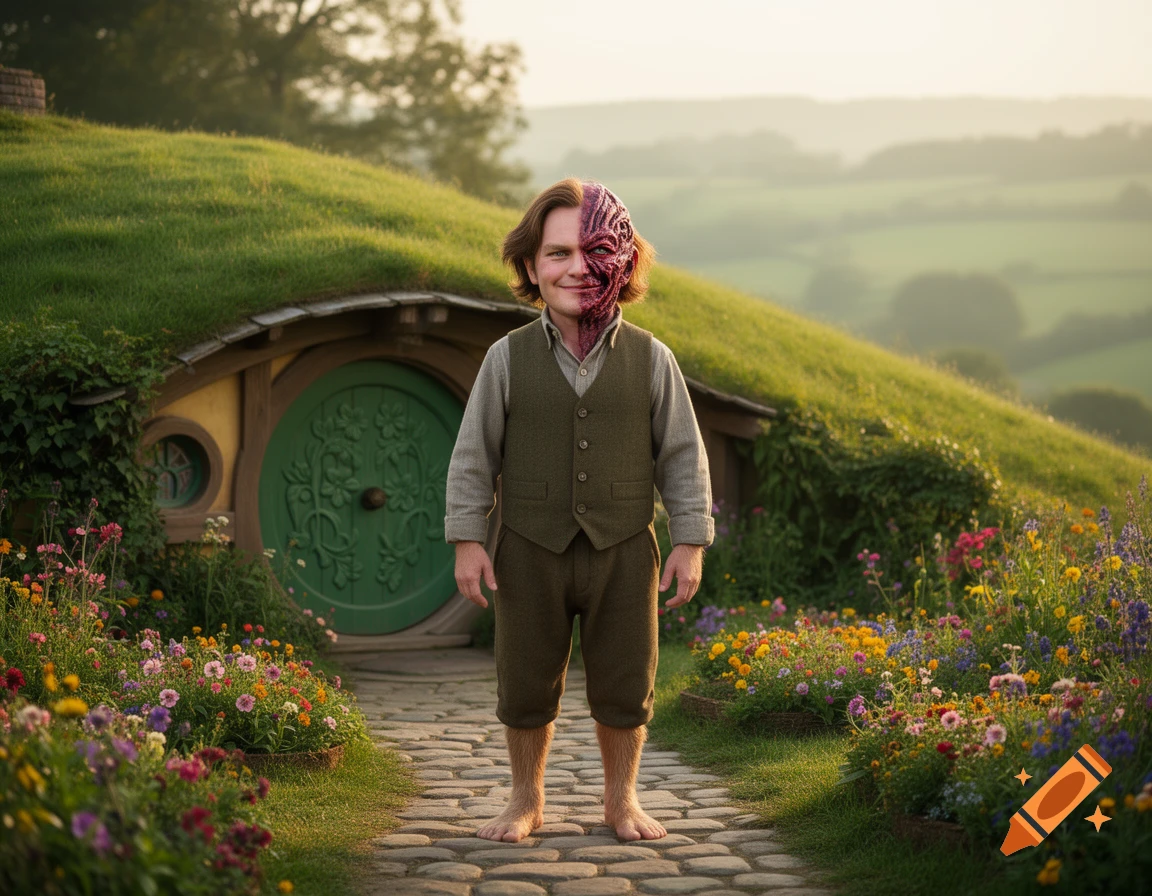 Hobbit character with a split Two-Face-like face stands before a green hobbit hole in a scenic, flowery landscape.