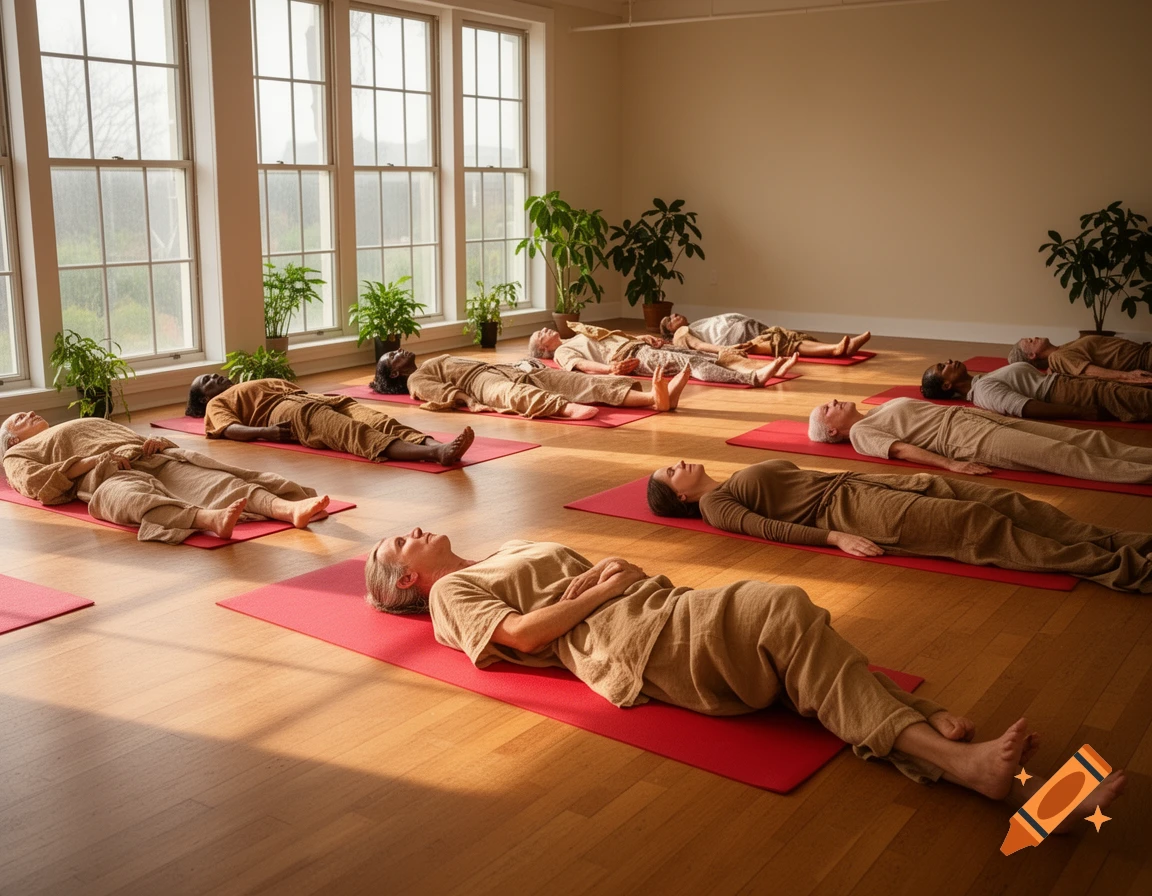 Photorealistic image of diverse adults relaxing on red yoga mats in a bright studio with large windows and wooden floors.