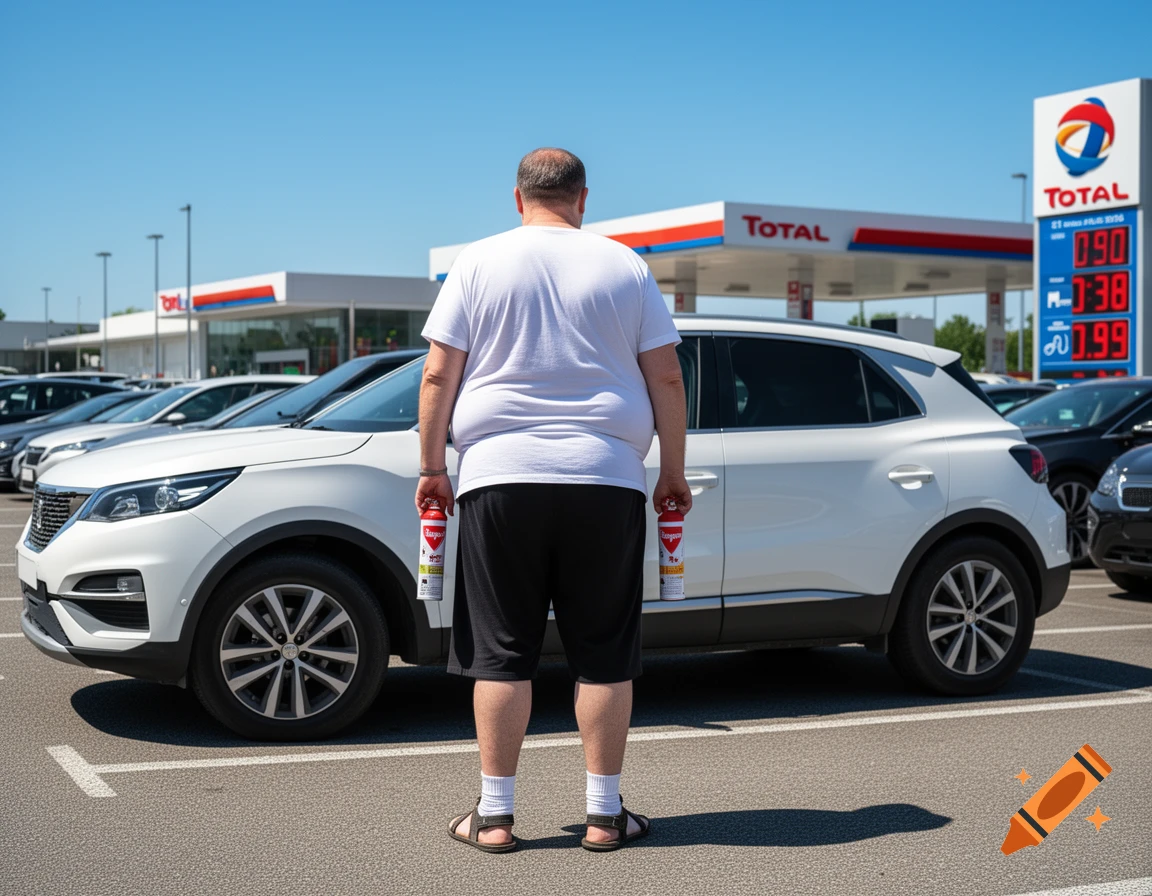 Photorealistic image of an overweight man from behind in a parking lot, holding two red cans, a white SUV, and a Total gas station in the background.