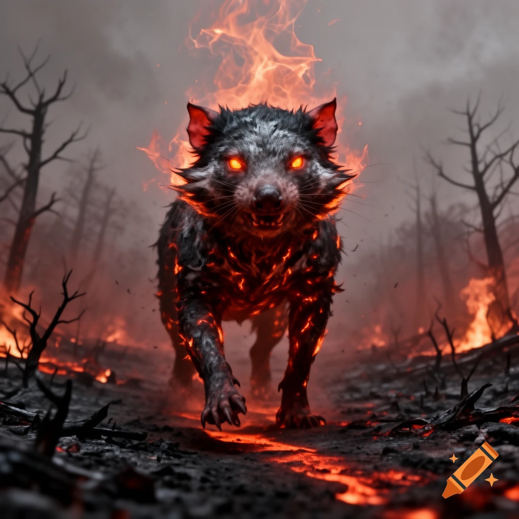A demonic fiery creature with glowing red eyes walks through a burning, charred forest under a smoky sky.