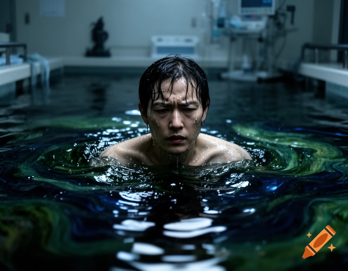 Photorealistic image of a distressed man submerged in murky, swirling dark green and blue water in a flooded medical room.