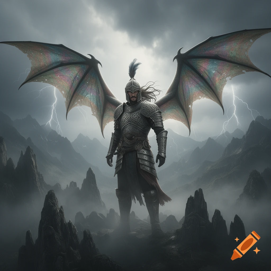 A fantasy warrior in ornate armor with iridescent dragon wings stands on a rocky mountain under a stormy, lightning-filled sky.