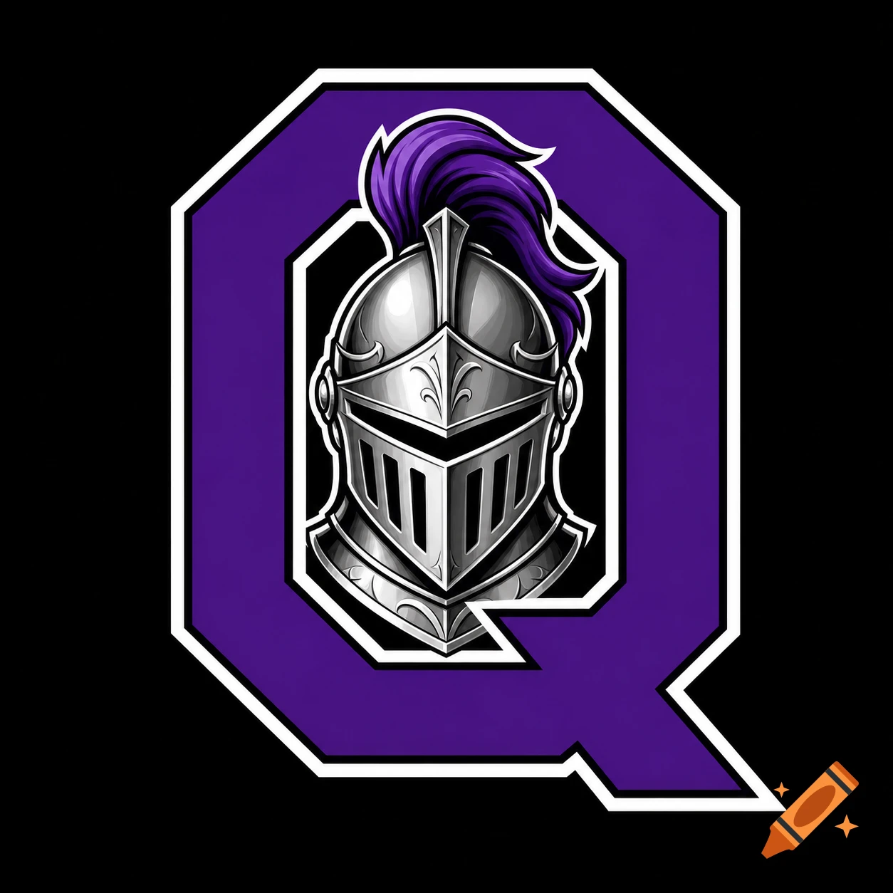A purple letter Q outlined in white, containing a silver knight's helmet with a purple plume, against a black background.