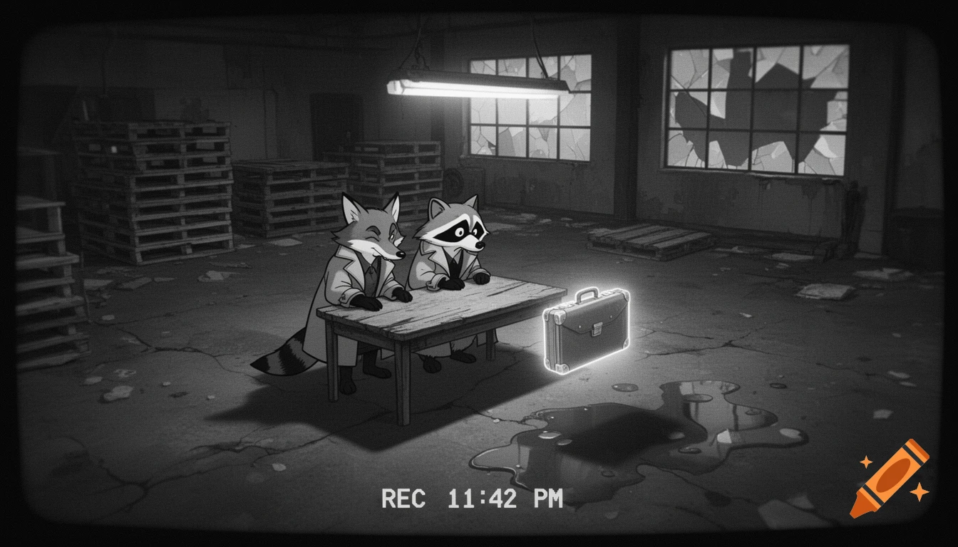 A black and white cartoon of a fox and a raccoon in trench coats sitting at a table with a glowing briefcase, appearing tense in a dark, abandoned warehouse, with a timestamp overlay in a surveillance footage style.