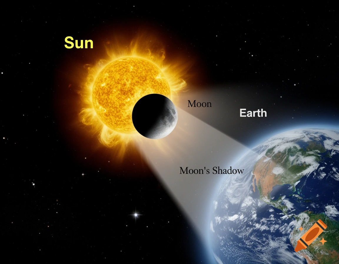 A diagram illustrating a solar eclipse with the Sun, Moon, and Earth aligned, showing the Moon's shadow on Earth.
