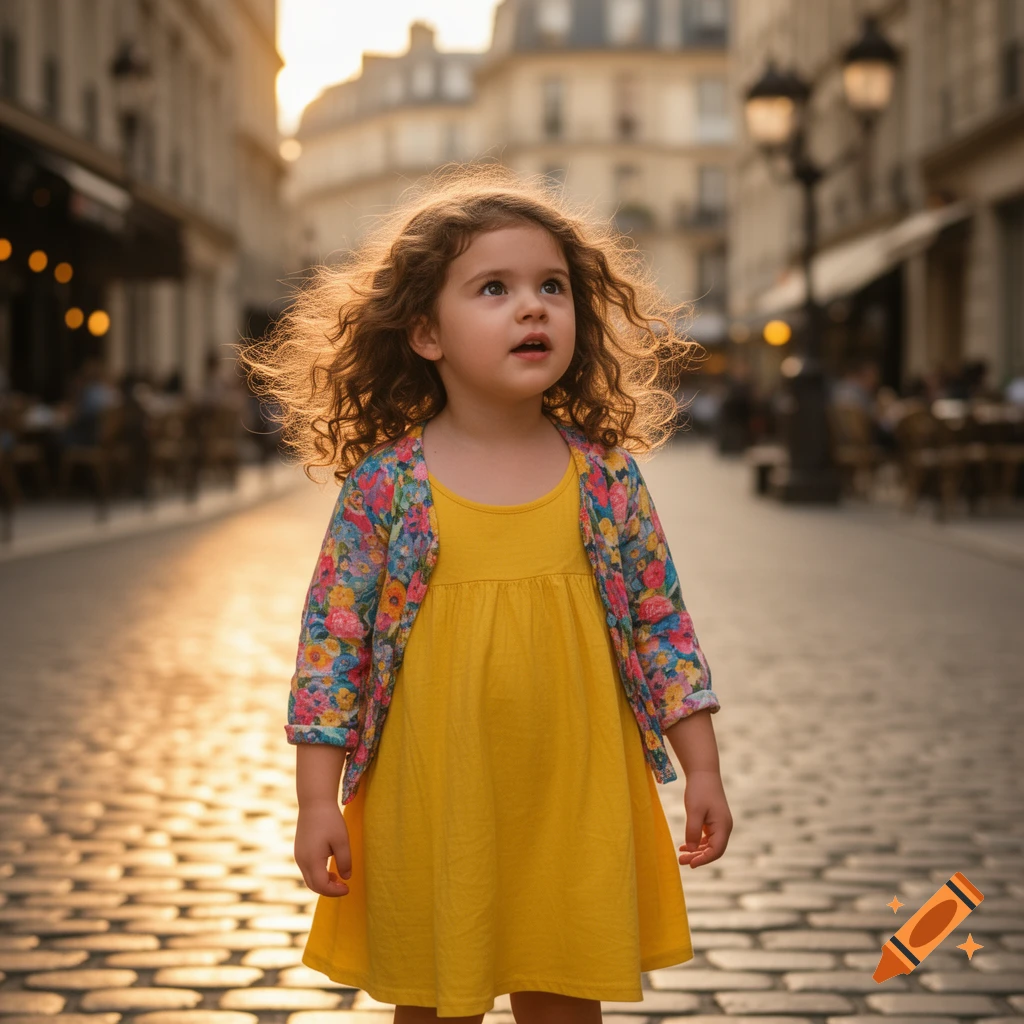 A young girl with curly hair wearing a yellow dress and a floral jacket stands on a cobblestone street at sunset, looking up.