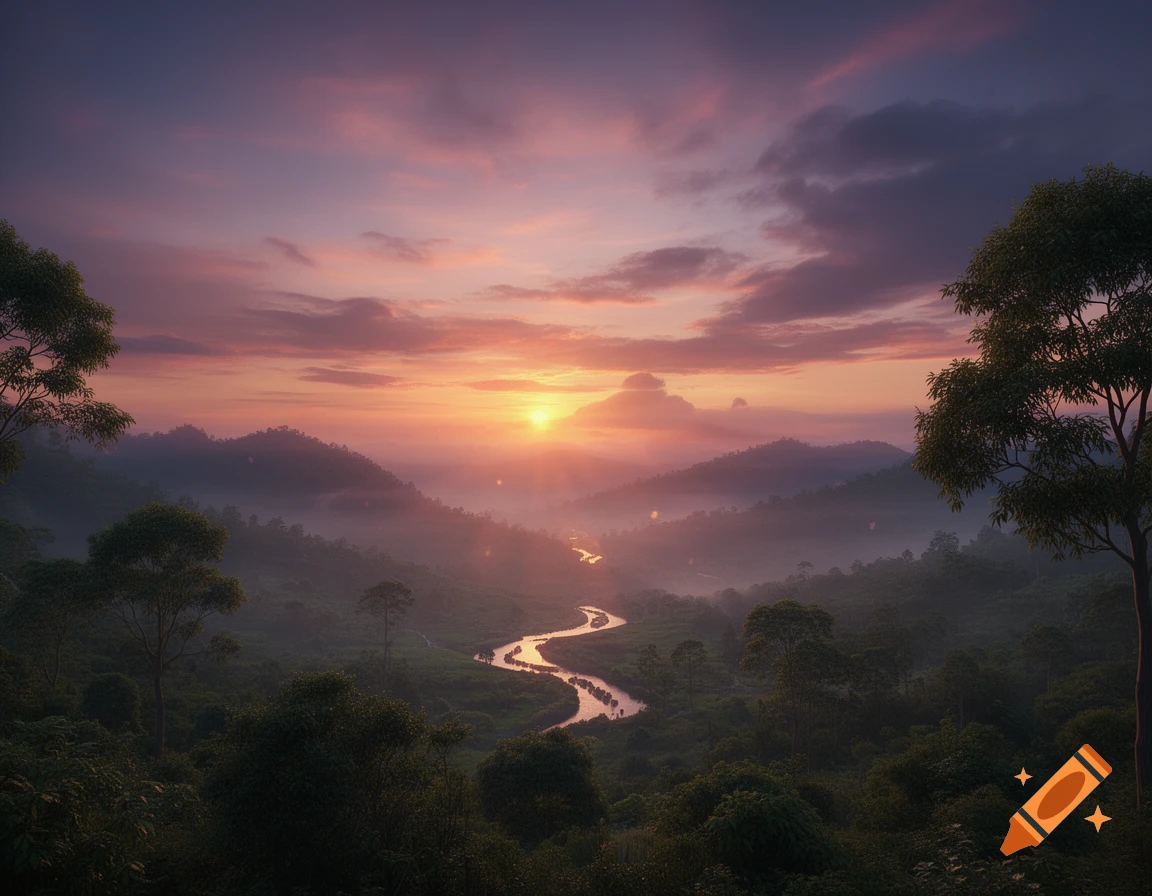 A winding river reflects a vibrant sunset sky over misty, forested mountains at dusk.