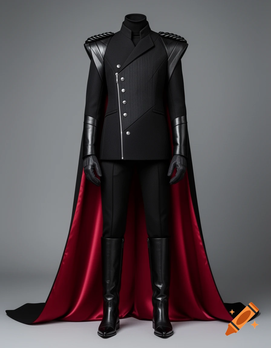 A black futuristic suit with a red-lined cape, sharp shoulders, zipper, silver buttons, black gloves, and tall boots on a mannequin.