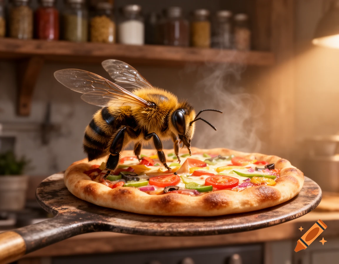 A large photorealistic bee stands on a freshly baked pizza, held on a wooden pizza peel in a kitchen.