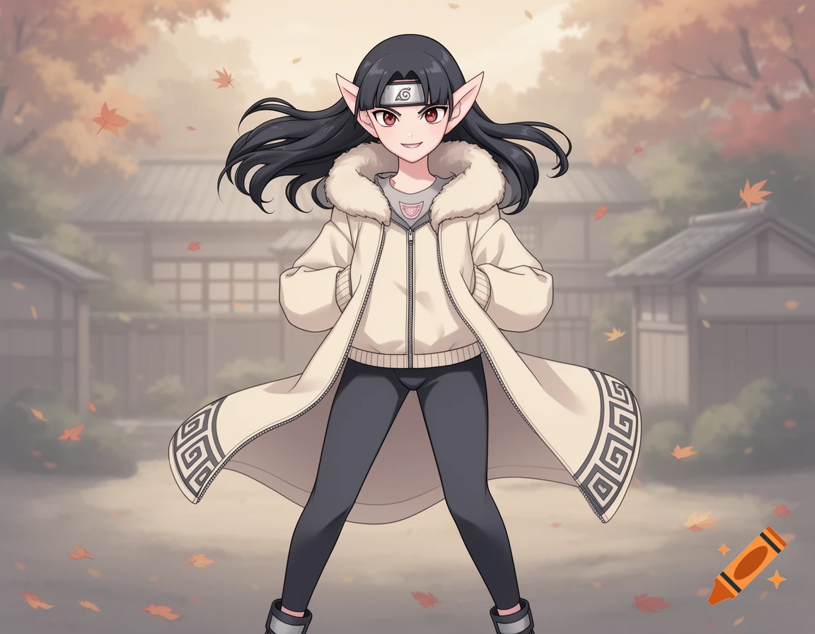 An anime girl with dark hair and elf ears wears a white fur-collared winter coat and a Naruto-style headband, standing outdoors with falling autumn leaves.