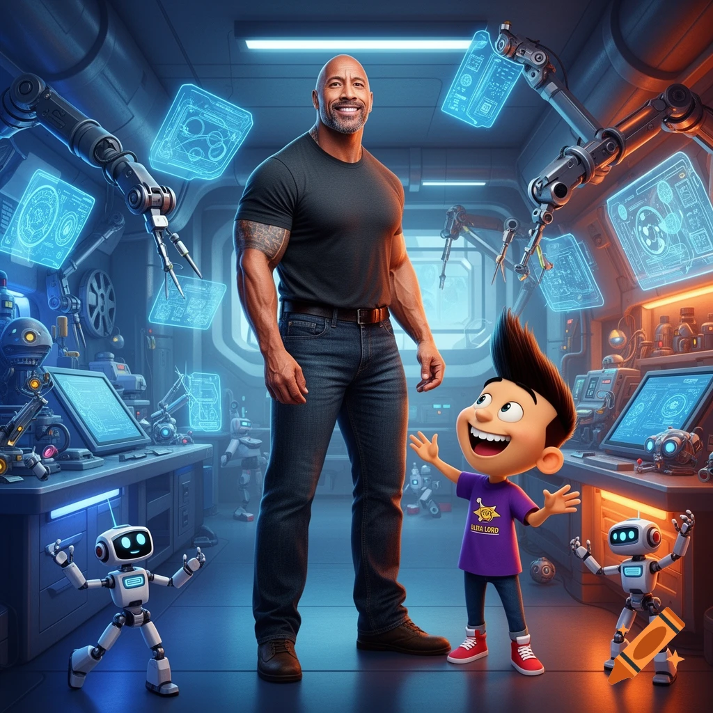 Dwayne Johnson stands smiling in a futuristic lab with glowing screens, next to a cheerful cartoon boy in a purple "ULTRA LORD" shirt and two small robots.