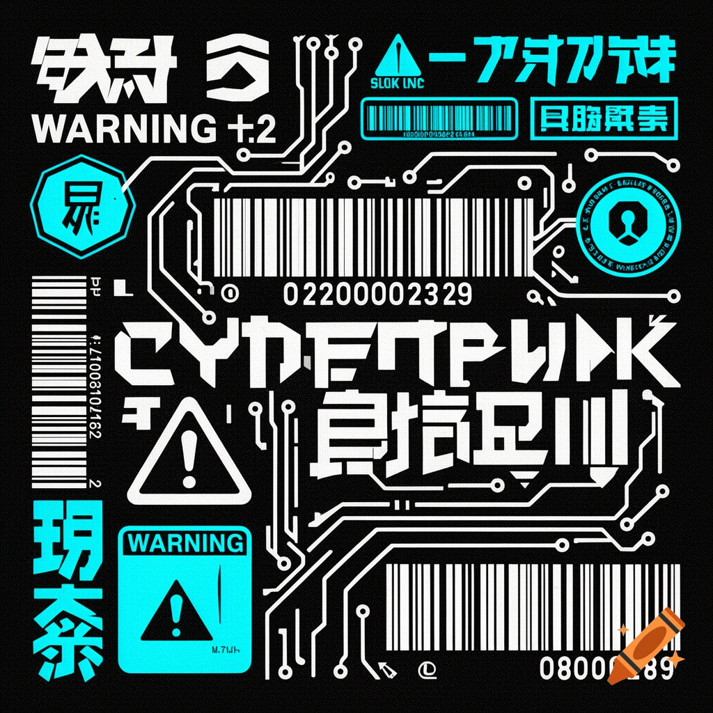 A dense cyberpunk graphic design with white and cyan circuit lines, warning symbols, barcodes, and text on a black background.