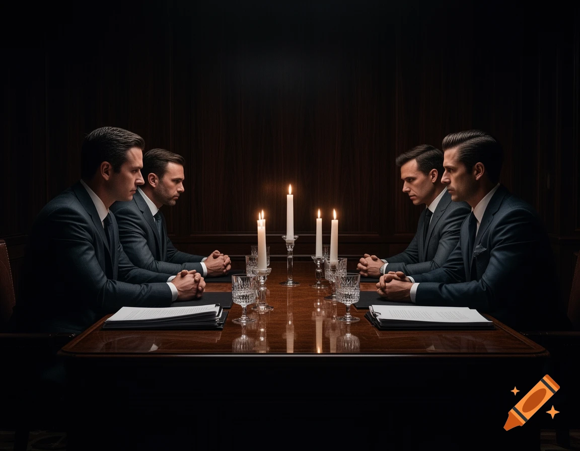 Four corporate men in suits sit at a dark wooden table, illuminated by candlelight, looking at each other.