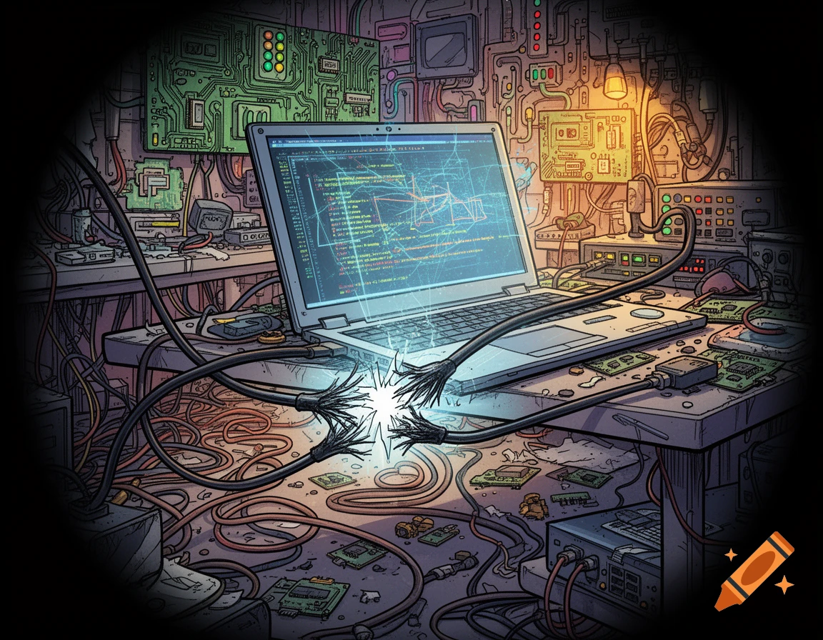A messy, comic-style IT lab with a laptop on a table displaying network traffic analysis, connected to sparking, cut network cables.