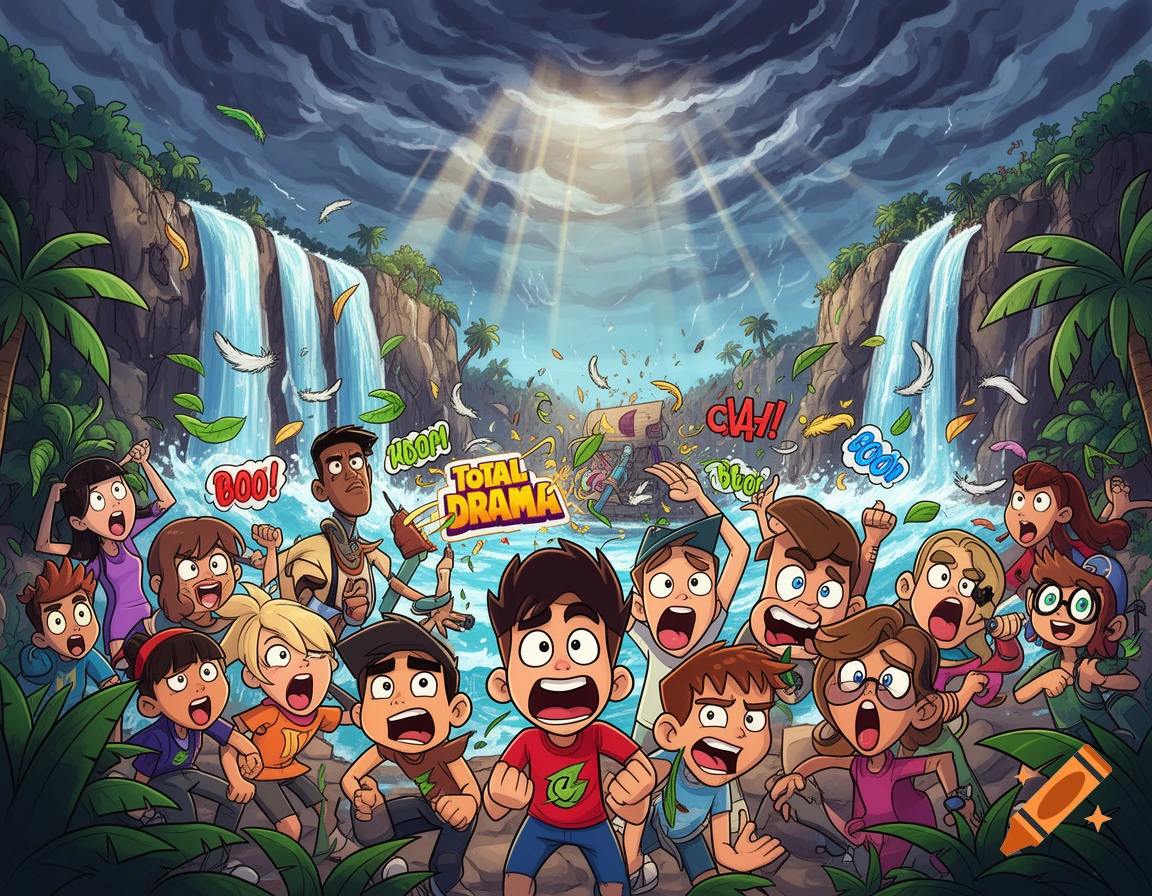 A large group of surprised cartoon characters in a dramatic tropical jungle scene with waterfalls, stormy sky and flying leaves.