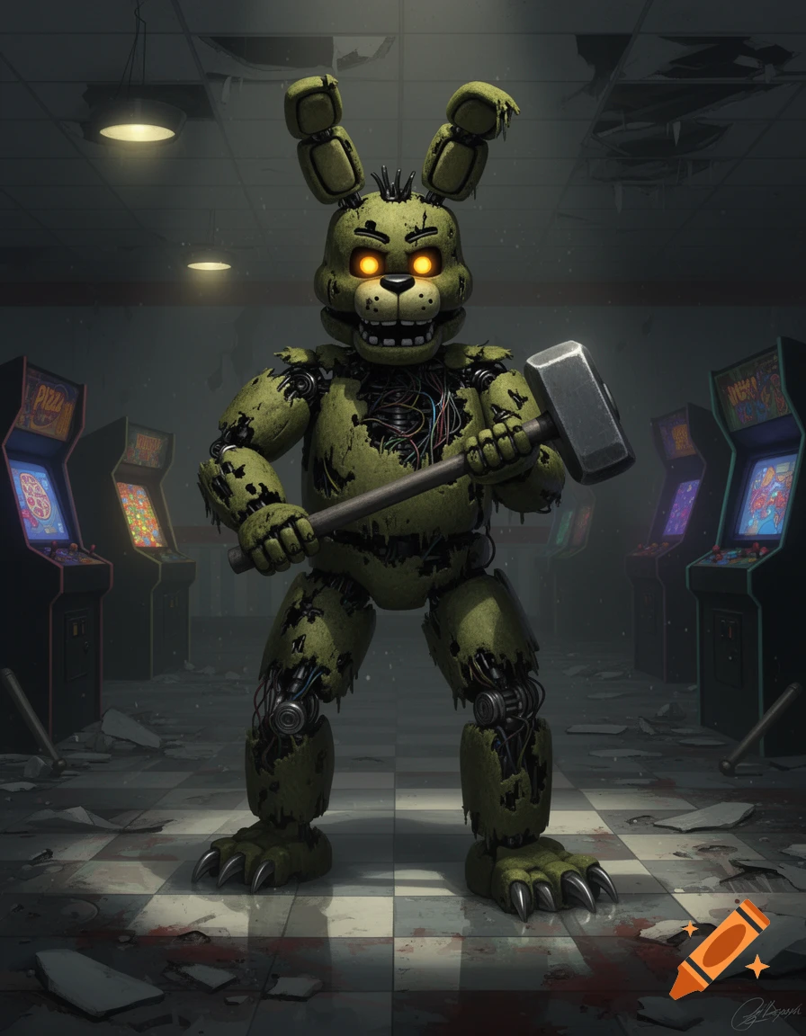 An intimidating, tattered green animatronic rabbit with glowing orange eyes, Springtrap, stands in a demolished arcade holding a sledgehammer, blood splattered on the checkered floor.