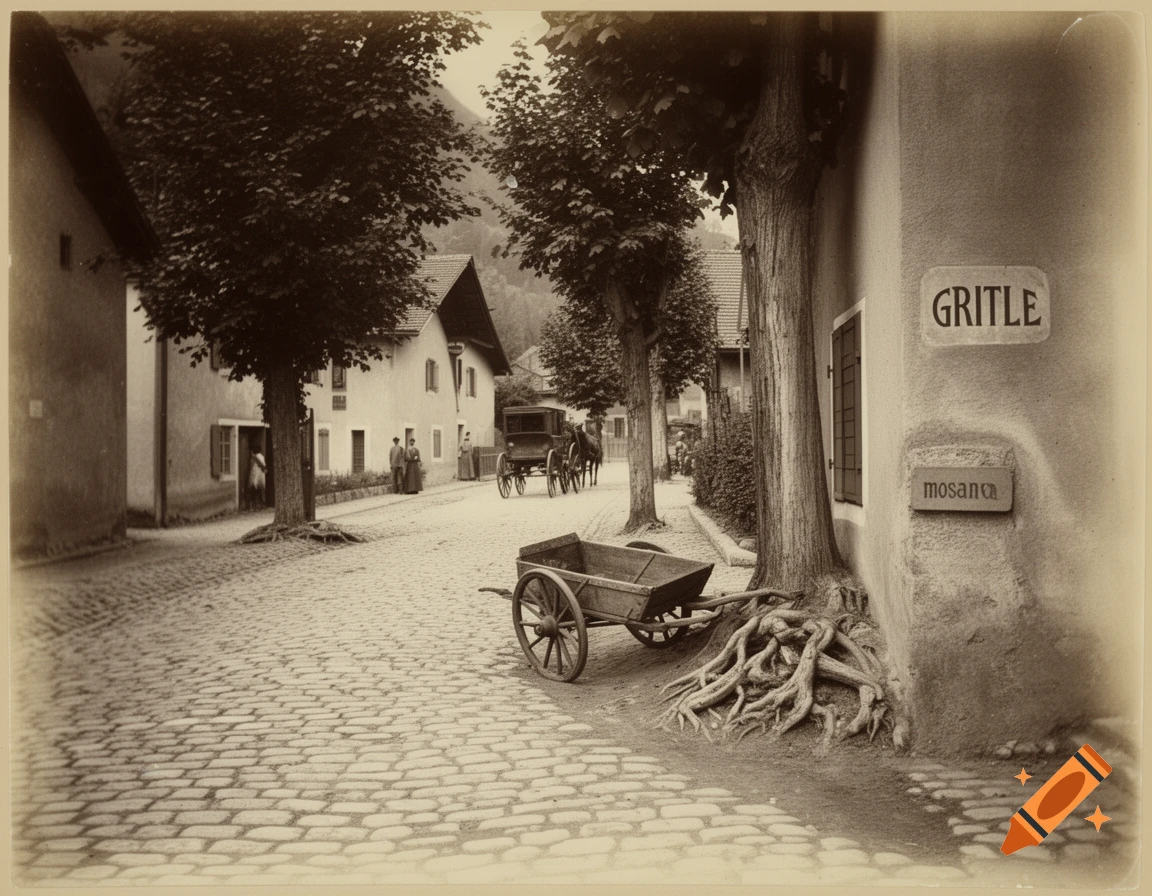 Sepia-toned historical photo of a cobblestone street with buildings, trees, exposed roots, a wooden cart, and people in a village.