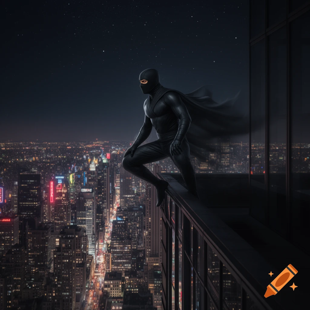 A black-suited ninja-like superhero crouches on a skyscraper ledge, overlooking a vibrant city skyline at night.