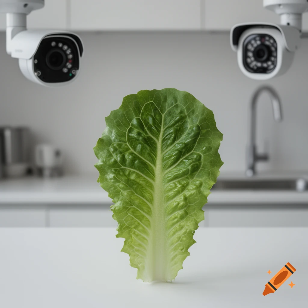 A single green romaine lettuce leaf stands upright on a white kitchen counter, flanked by two security cameras overhead.