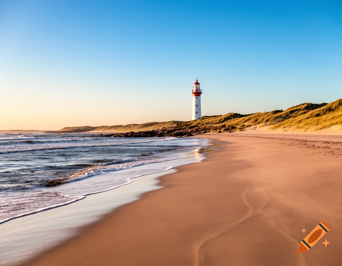 Photorealistic image of a scenic beach with gentle waves, sand dunes, and a white and red lighthouse under a clear sky.