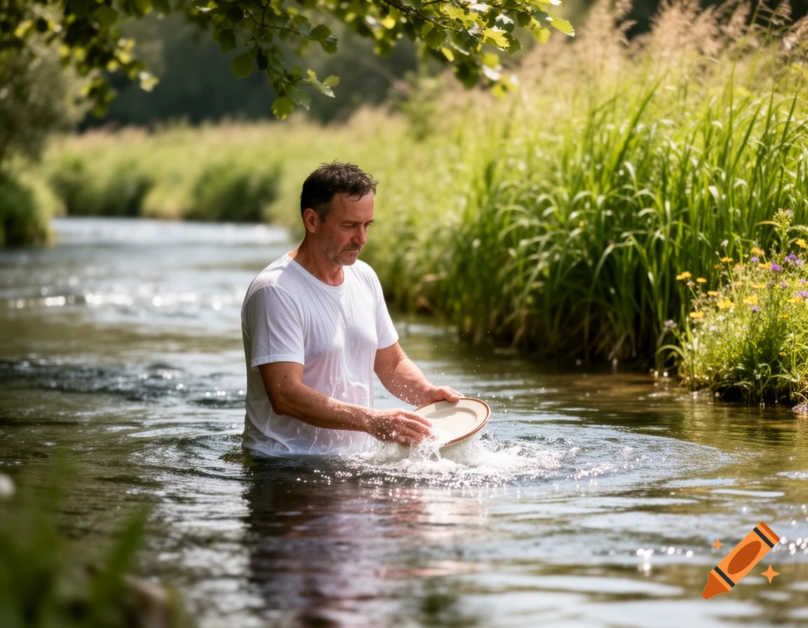 A man in a white t-shirt washes a plate in a clear river surrounded by lush green reeds on a sunny day.