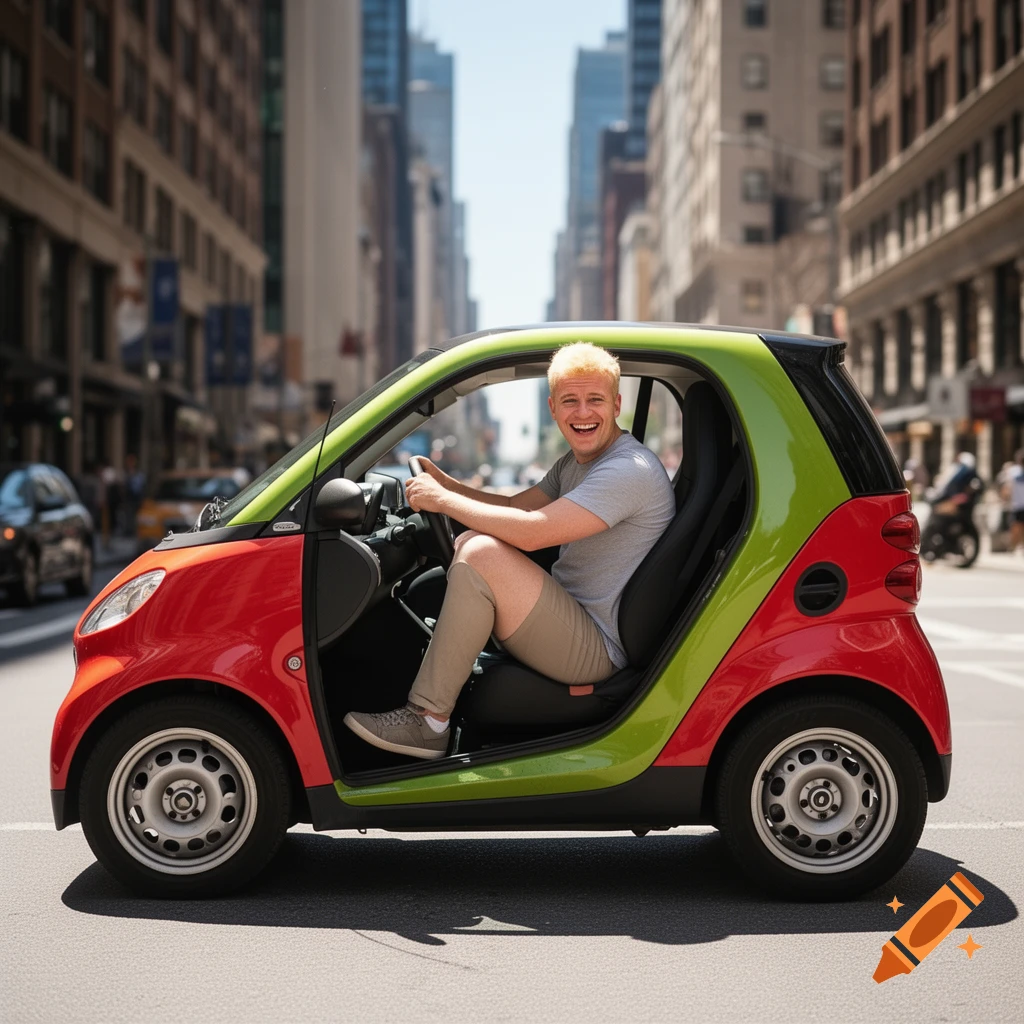 A smiling man with short blonde hair sits in a red and green Smart car on a city street, looking towards the camera. Photorealistic.