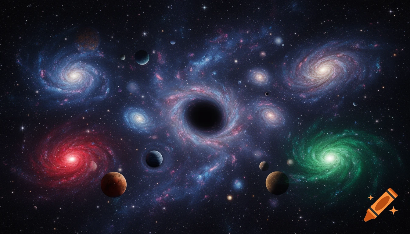 A vibrant cosmic scene with multiple colorful spiral galaxies, a central black hole, distant stars, and various planets against a deep space background.
