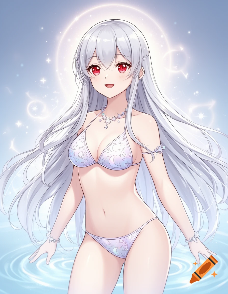 An anime girl with long silver hair and red eyes, wearing a white bikini with moon and star patterns, stands smiling in glowing water.