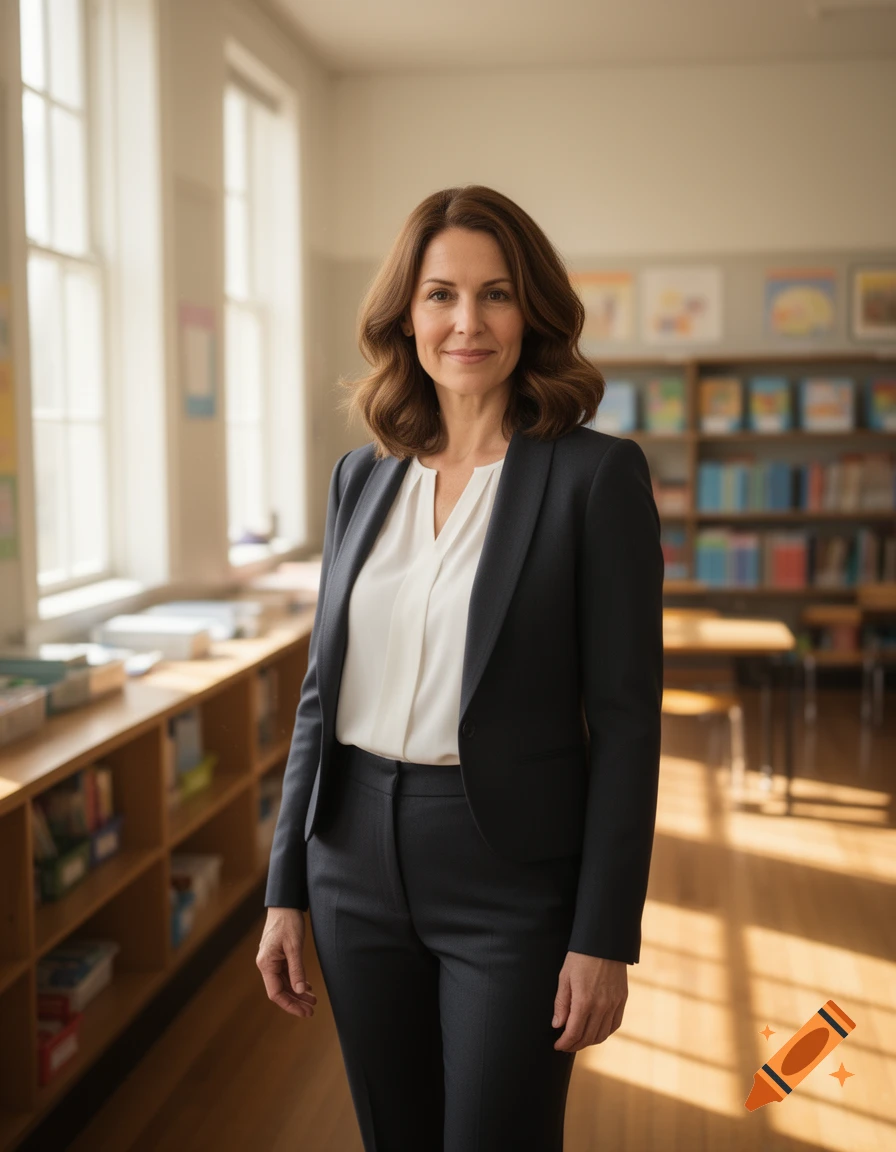 A smiling woman in a dark suit and white blouse stands in a bright classroom.