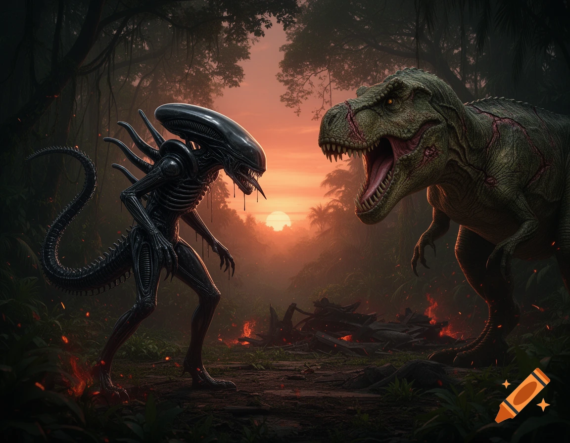 A menacing black Xenomorph confronts a roaring green Tyrannosaurus Rex in a dense, dark jungle at sunset, with hints of fire in the foreground.
