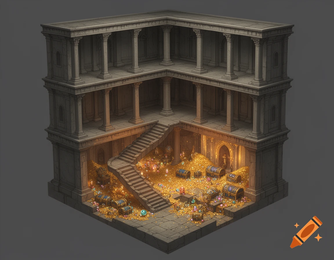 Isometric view of a four-story stone building. The top three floors have columns, while the bottom floor is a treasure vault overflowing with gold and chests.