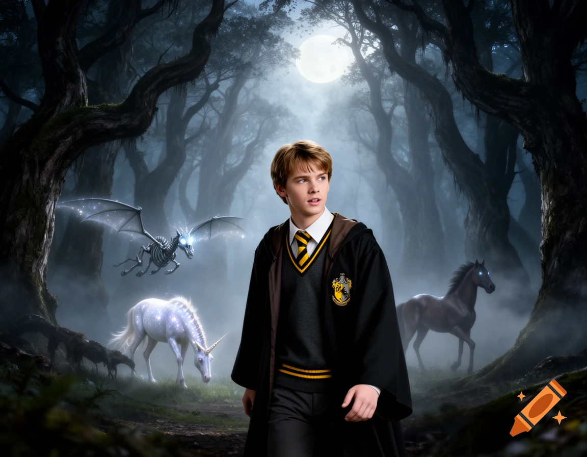 A young wizard in a Hogwarts robe stands in a dark, moonlit forbidden forest with a glowing unicorn, a skeletal flying creature, and a shadowy horse.