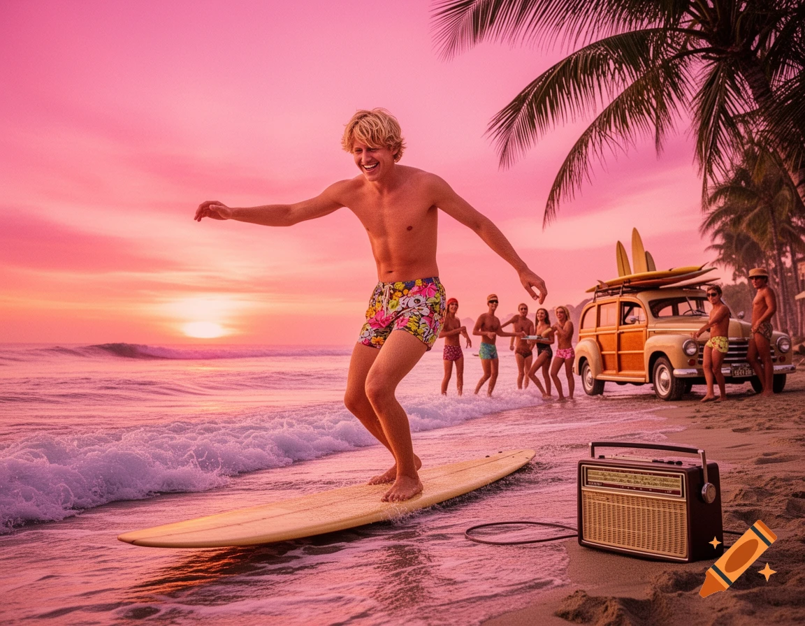 A smiling blonde man on a surfboard in pink sunset waves on a beach, with a vintage woody car and people in the background.