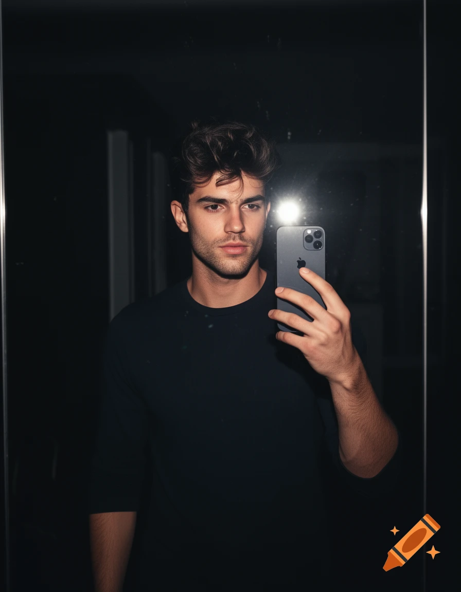 Attractive man taking a mirror selfie in a dark room with an iPhone camera flash.