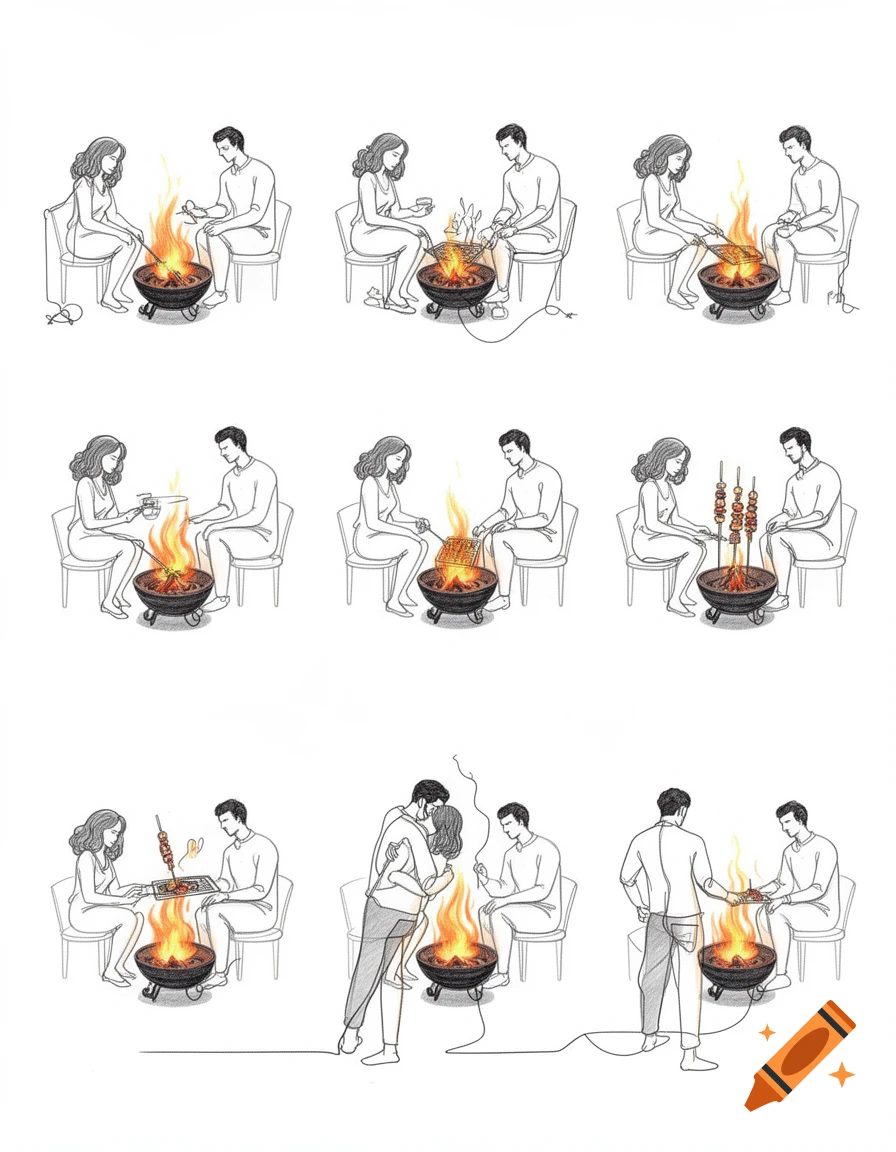 Minimalist sketch of a couple cooking kebabs over a fire pit and embracing, with only the fire in color.