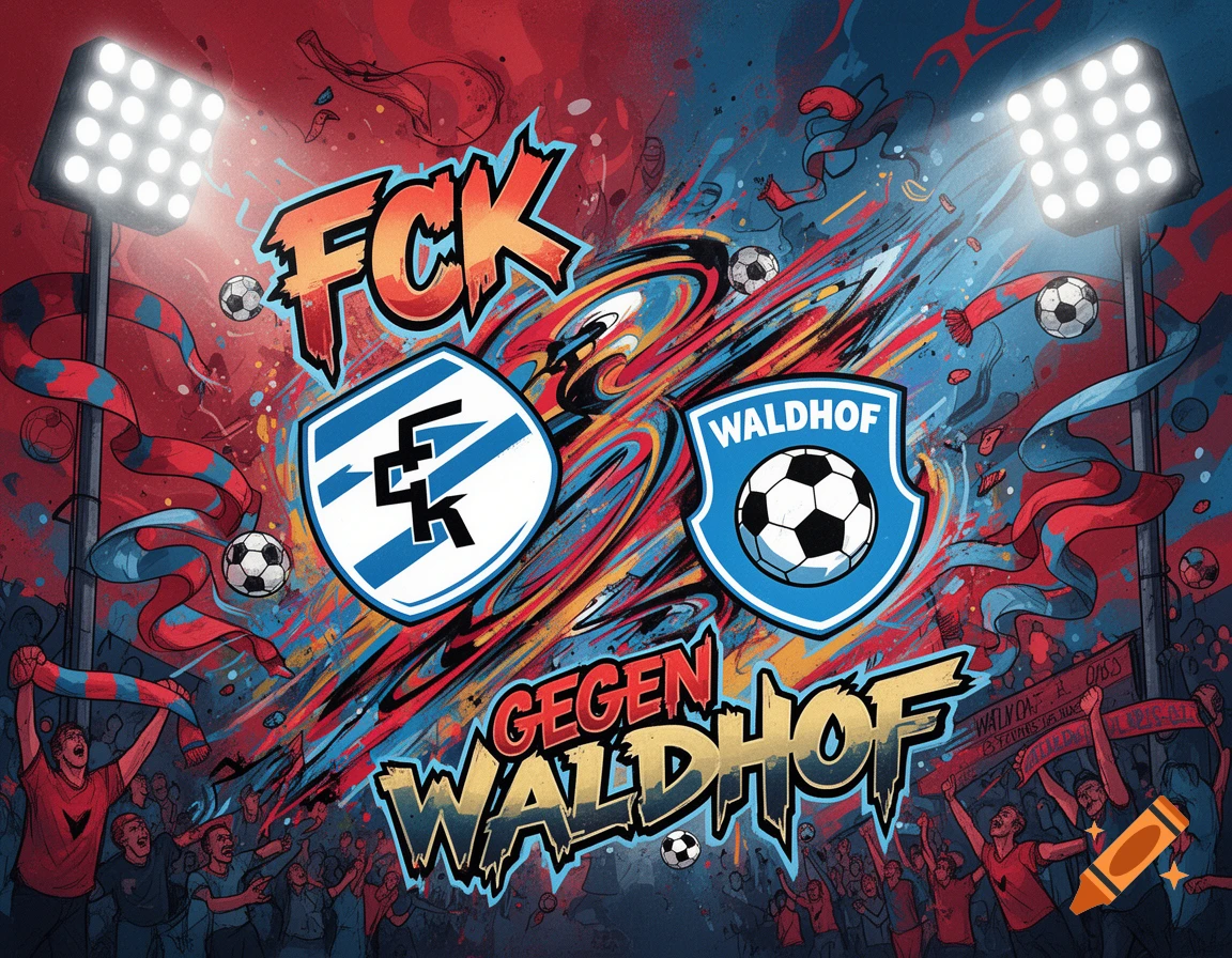 Dynamic graffiti art style illustration featuring two opposing soccer team logos, one with "FCK" and the other "WALDHOF", with the word "GEGEN" between them. Stadium lights, soccer balls, and cheering fans fill the energetic background.