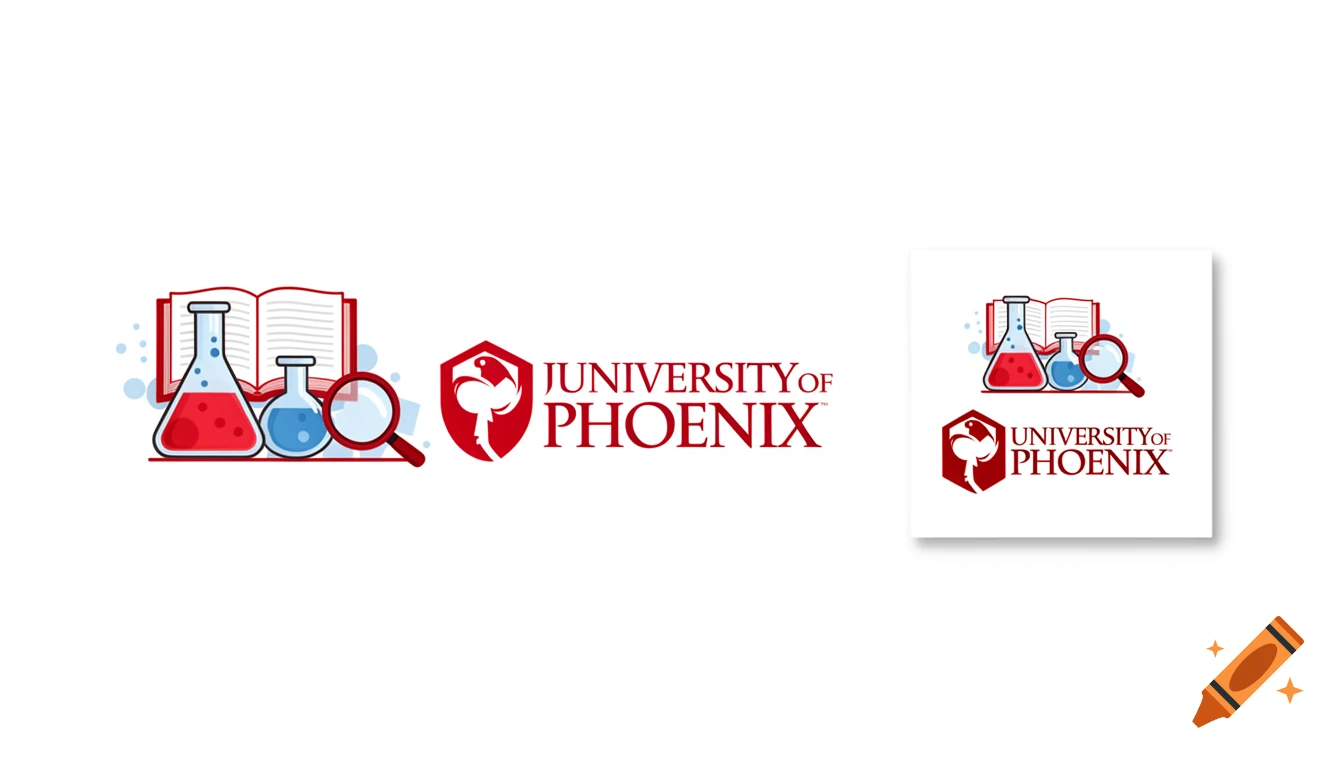 Two University of Phoenix logos with a shield emblem, an open book, beakers, and a magnifying glass in a clean vector style.