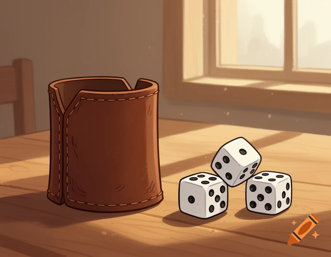 A cartoon illustration of a brown leather dice cup and three white dice with black pips on a wooden table near a window.