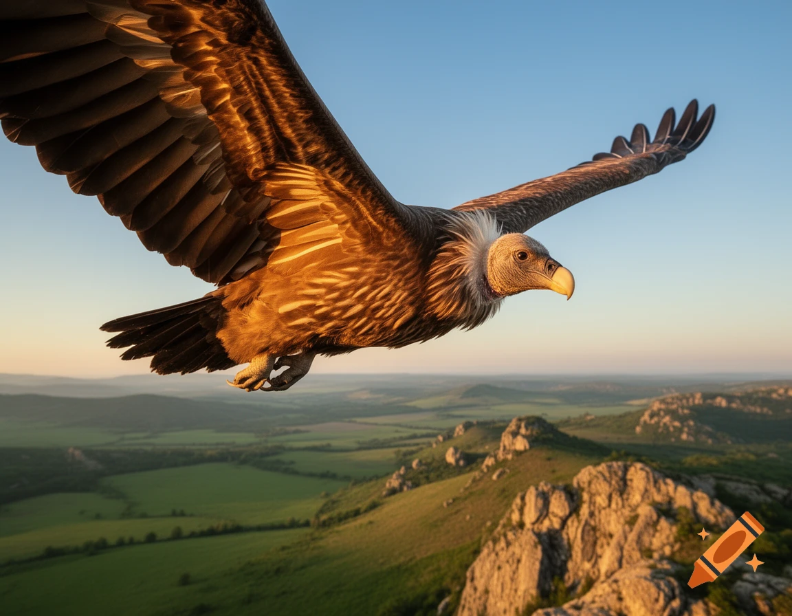 A majestic vulture with outstretched wings soars over green mountains under a clear blue sky.