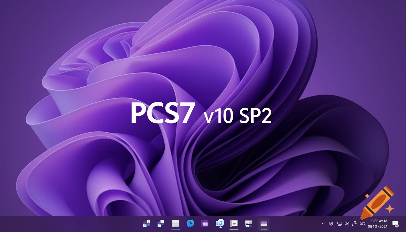 A purple abstract desktop background with flowing shapes, displaying 'PCS7 v10 SP2' in white text, and a Windows-style taskbar at the bottom.