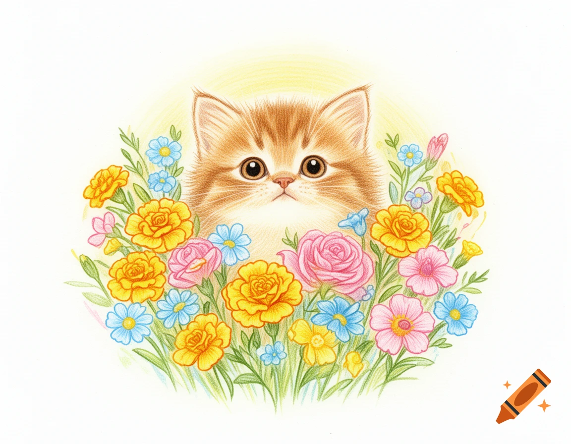 A cute, fluffy orange and white kitten peeking out from a colorful bouquet of yellow, pink, and blue flowers in a drawing style.