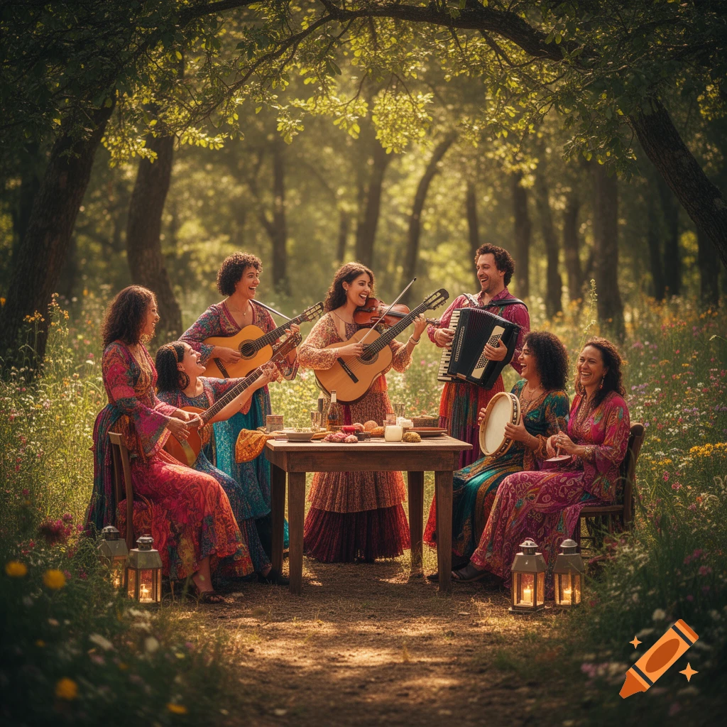 A joyful group of people play various musical instruments like guitars, a violin, an accordion, and a tambourine, gathered around a small table in a sun-dappled forest clearing filled with wildflowers.