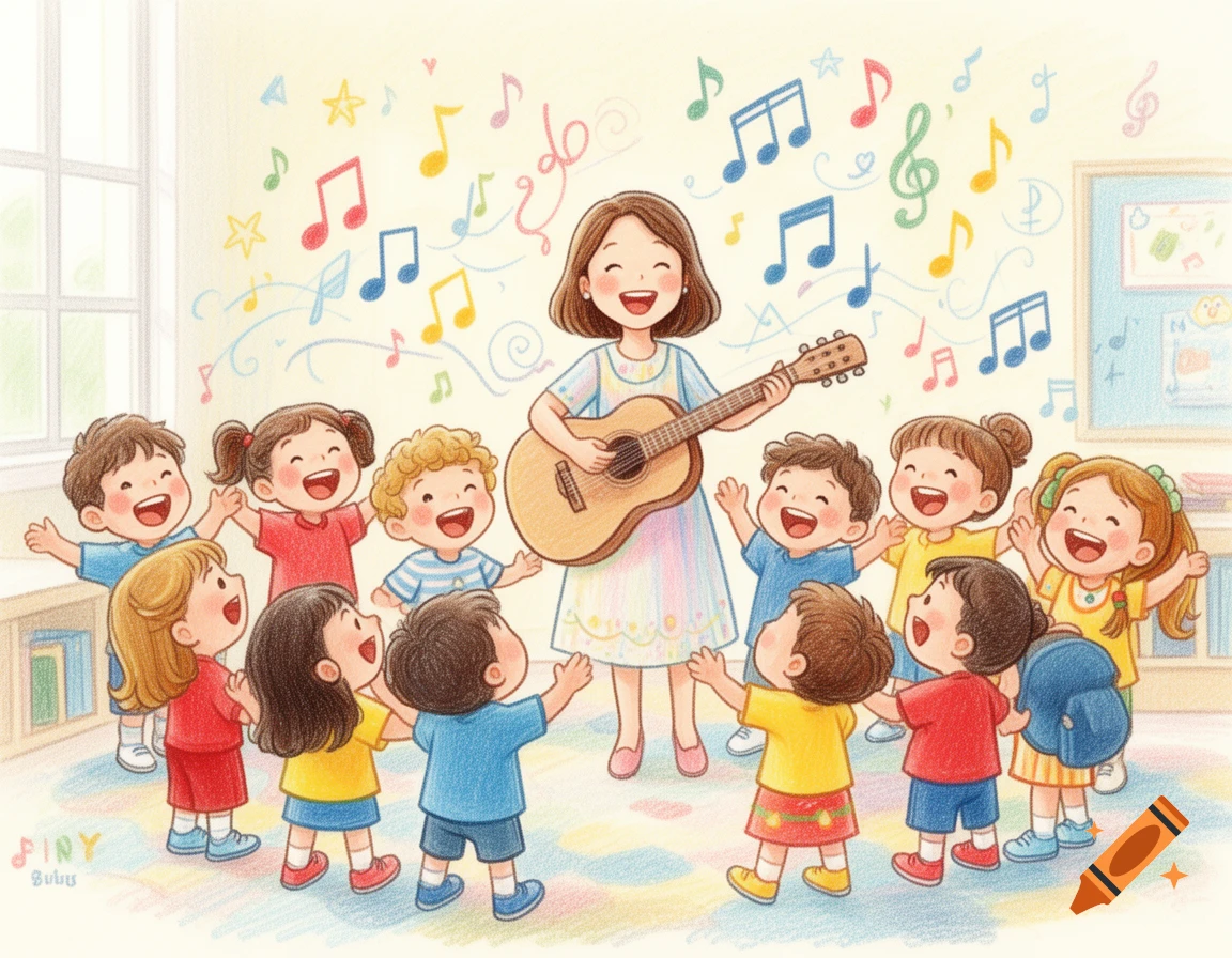 Colored pencil drawing of a teacher playing guitar for a group of happy kindergarten children singing in a classroom.
