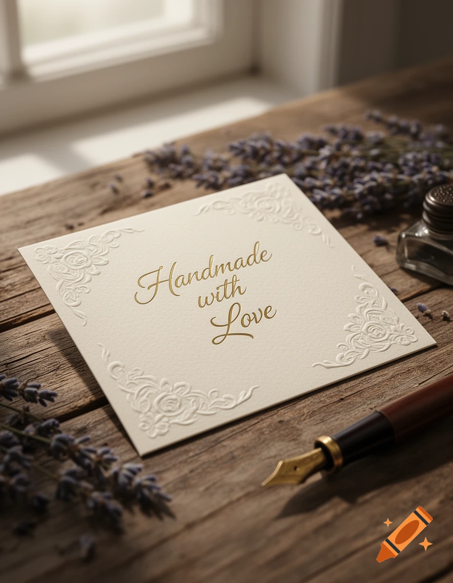 A close-up of a 'Handmade with Love' card, lavender, an inkwell, and a fountain pen on a rustic wooden table.
