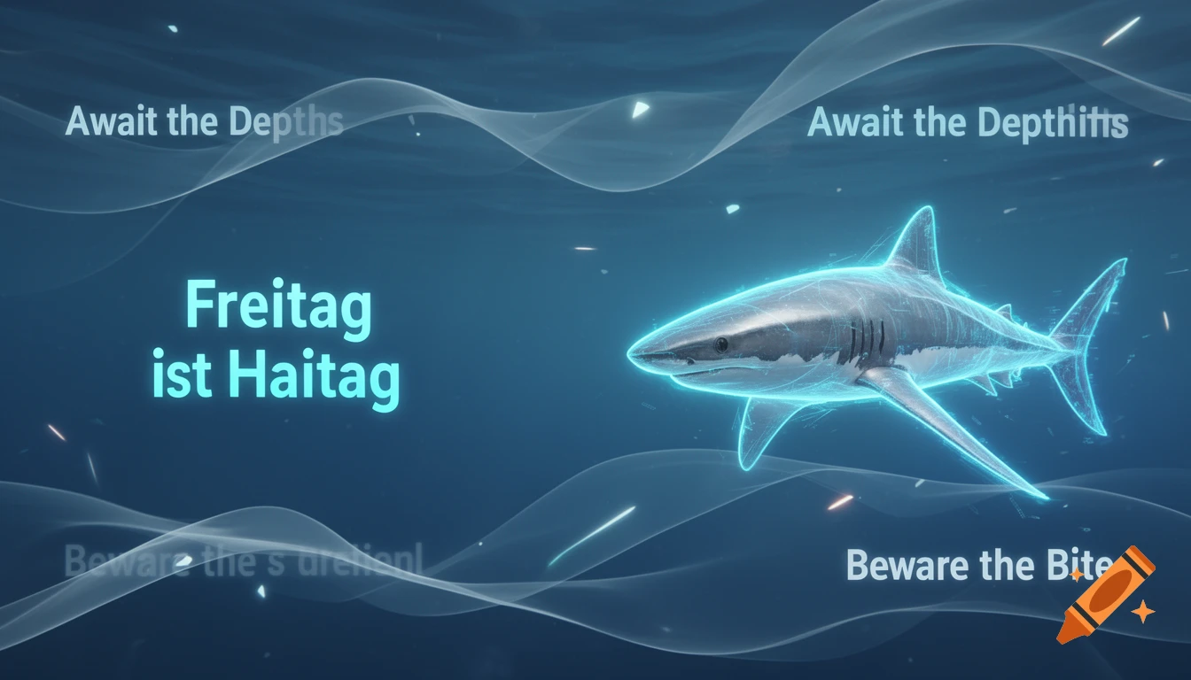 A glowing, semi-transparent holographic shark swims in a deep blue underwater scene with stylized waves and particles, surrounded by German and English text phrases.