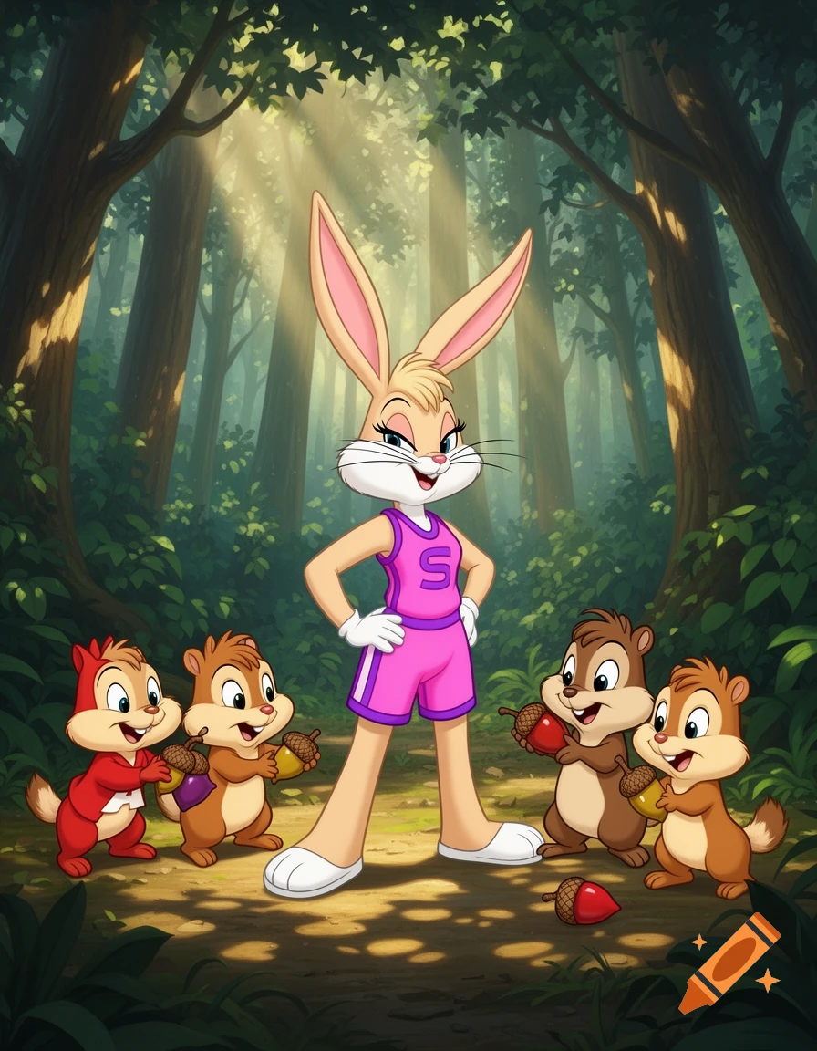 Lola Bunny in a pink sports outfit stands in a sun-dappled forest clearing, surrounded by four happy chipmunks holding acorns.