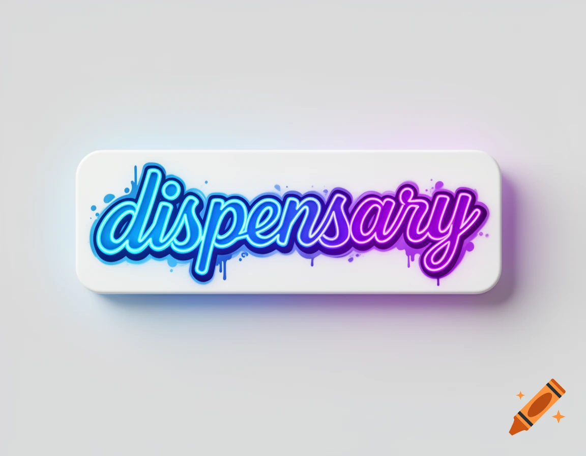A rectangular white sign featuring the word "dispensary" in retro graffiti cursive, glowing in neon blue and purple.