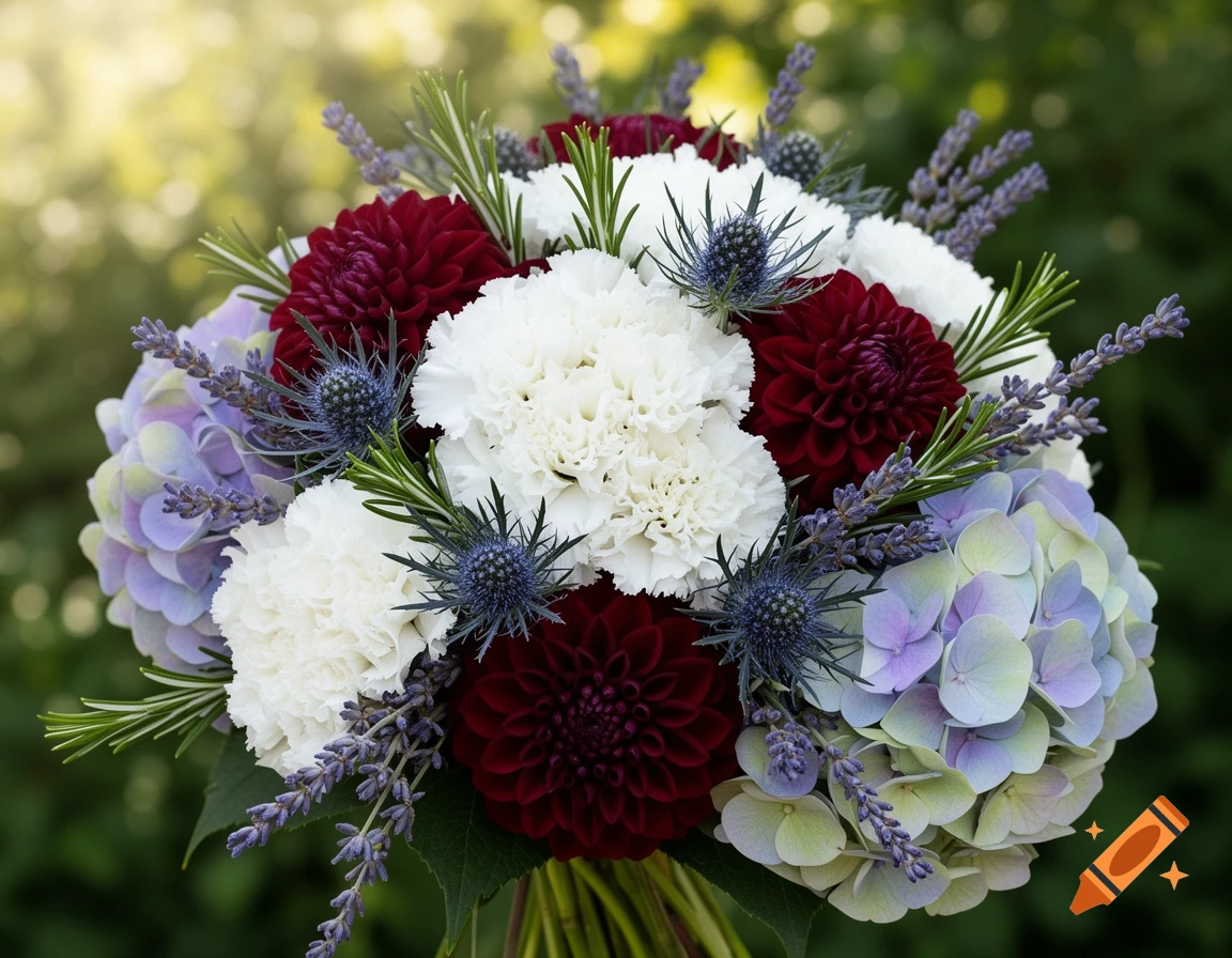 Close-up of a vibrant bouquet with white carnations, red dahlias, blue thistles, lavender, rosemary, and purple-green hydrangeas.