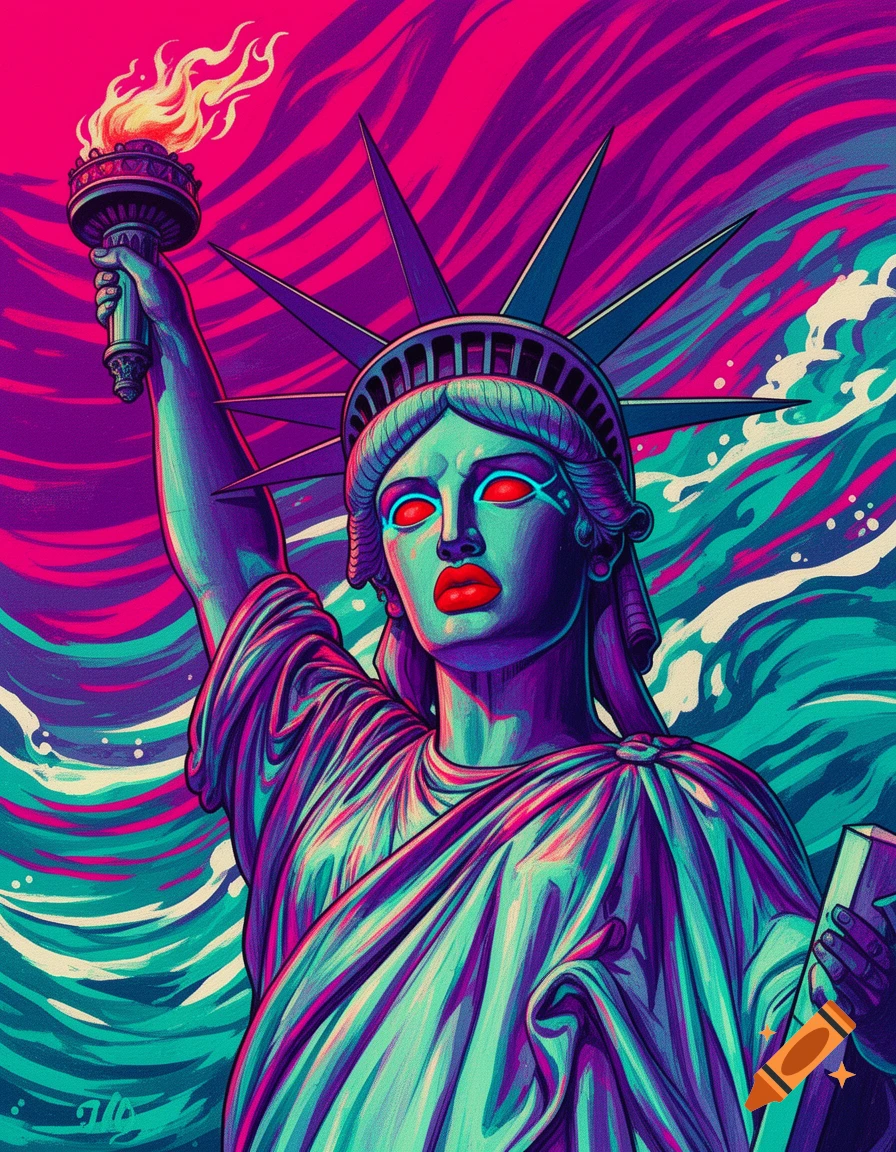 Vibrant pop art of the Statue of Liberty with glowing red eyes, holding a torch against a swirling purple, pink, and teal background.