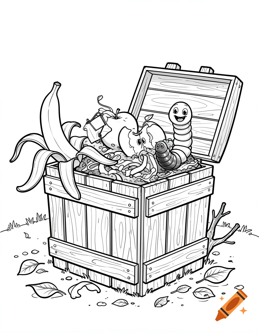 Black and white line art of an open wooden compost bin filled with organic waste, featuring smiling worms and scattered leaves.